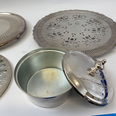Vintage Silver-Plated Tableware Set - Trivets & Covered Dish