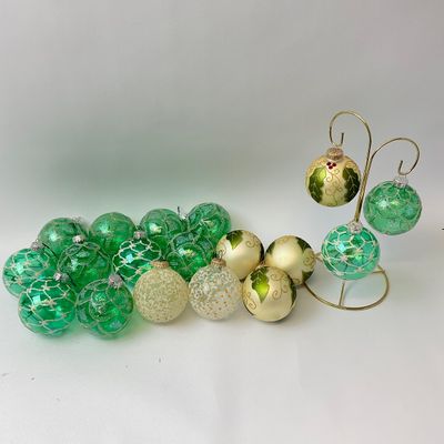 Assorted Green and Cream Glass Christmas Ornaments with Display Stand