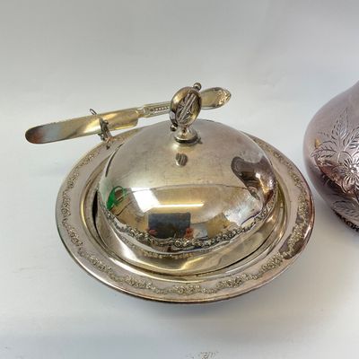 Antique American Silver Plate Co. Butter Dish, Pitcher & Hair Receiver