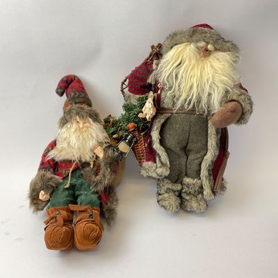 Vintage Rustic Santa and Elf Figures with Snowshoes and Lantern