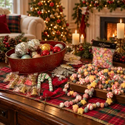 Assorted Christmas Ornaments, Garlands, and Red Metal Tub