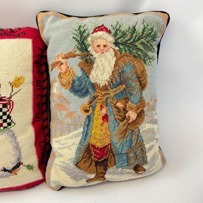 Vintage Christmas Needlepoint Accent Pillows - Set of 2