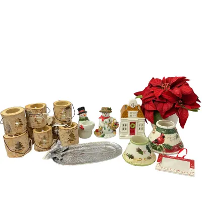 Assorted Christmas Decor Lot - Snowmen, Birch Lanterns, Metal Tray & More