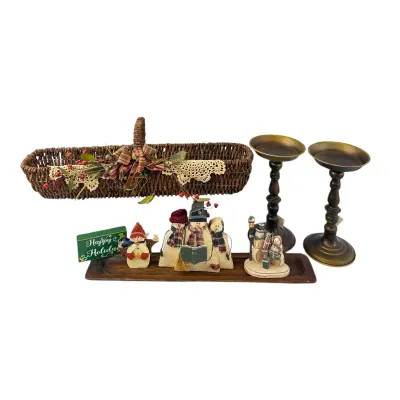 Holiday Decor Lot with Snowman Figurines, Basket, and Candlesticks