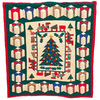 Handmade Christmas Tree and Gift Box Motif Patchwork Quilt