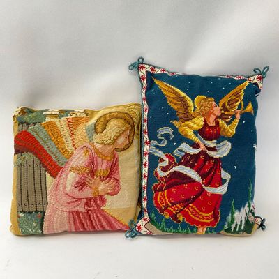 Vintage Needlepoint Angel Accent Pillows - Set of 2