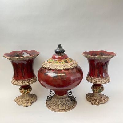 Vintage Ceramic Lidded Urn and Matching Pedestal Vases - 3 Piece Set