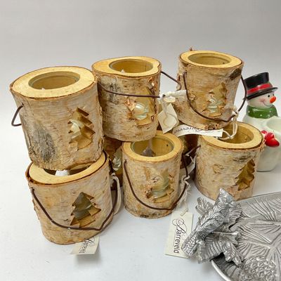 Assorted Christmas Decor Lot - Snowmen, Birch Lanterns, Metal Tray & More