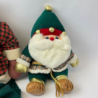 Vintage Fabric Santa and Elf Plush Figures - Set of 2