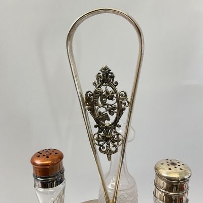 Antique Silver-Plated Rotating Cruet Set with 4 Glass Bottles