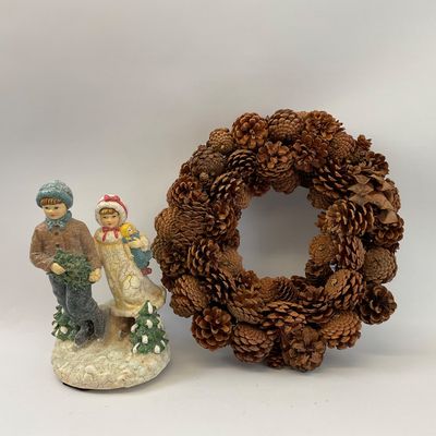 Winter Figurine and Pinecone Wreath Holiday Decor Set