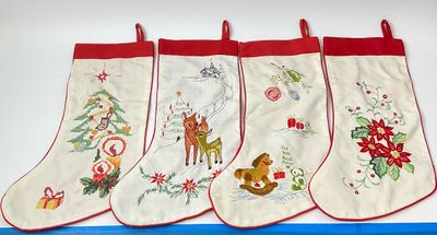 Vintage Hand-Embroidered Christmas Stockings - Set of 4