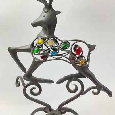 3301 Vintage Jeweled Metal Reindeer Candelabras - Pair