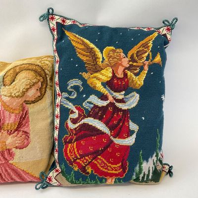 Vintage Needlepoint Angel Accent Pillows - Set of 2