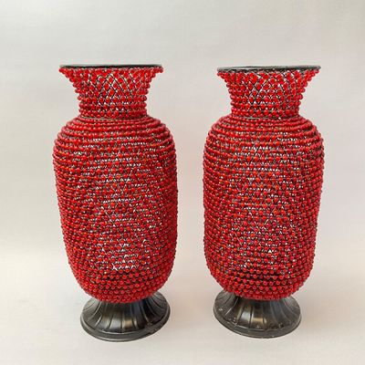 Pair of Red Beaded Wire Vases on Pedestal Bases