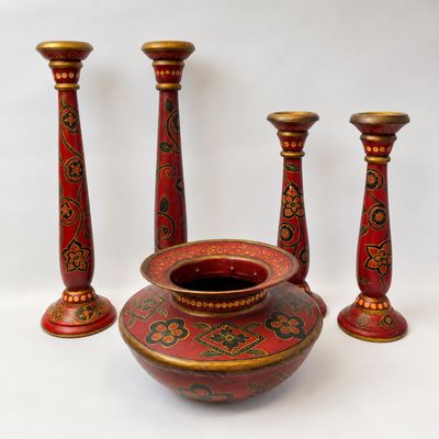 3300 Hand-Painted Wooden Candlesticks and Vase Set