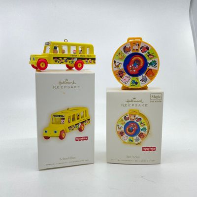 3281 Two Hallmark Keepsake Ornaments “School Bus” and See n Say