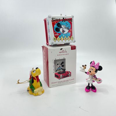 3282 Hallmark Keepsake Ornaments Mickey Mouse Player and Minnie Mouse, Pluto