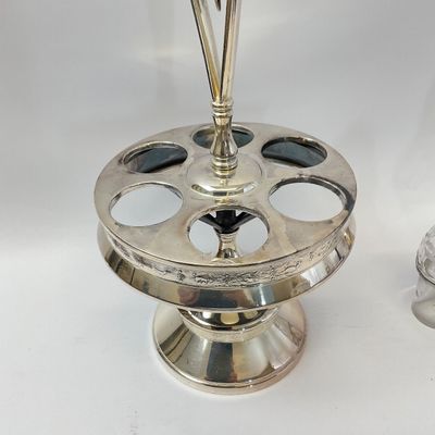 Antique Silver-Plated Rotating Cruet Set with 4 Glass Bottles