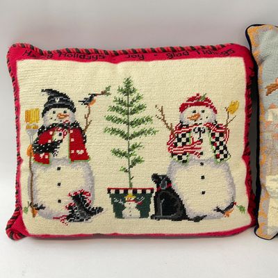 Vintage Christmas Needlepoint Accent Pillows - Set of 2