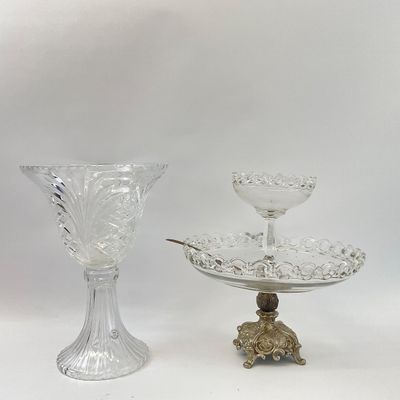 Czech Lead Crystal Pedestal Vase & Vintage Two-Tier Glass Server