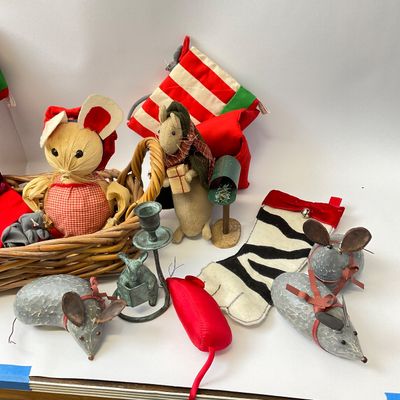 Vintage Christmas Mouse Decor and Stocking Collection with Basket