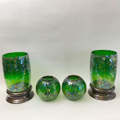 Green Mosaic Glass Hurricane and Orb Candle Holder Set