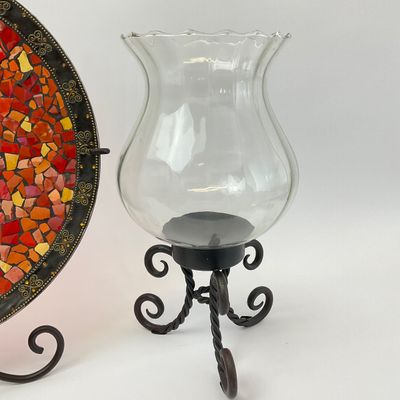 Mosaic Glass Decorative Plate and Hurricane Candle Holder Set