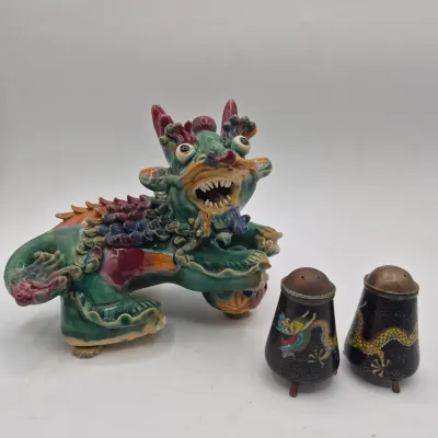 LOT 43U: Vintage Cloisonné Salt and Pepper Shakers & Ceramic Foo Dog Dragon