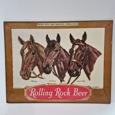 LOT 71U: Vintage Rolling Rock Beer Sign with Racehorses