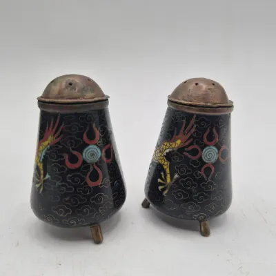 LOT 43U: Vintage Cloisonné Salt and Pepper Shakers & Ceramic Foo Dog Dragon