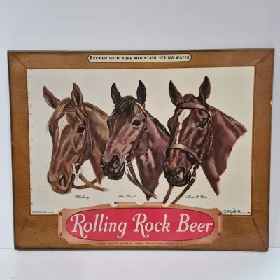 LOT 71U: Vintage Rolling Rock Beer Sign with Racehorses