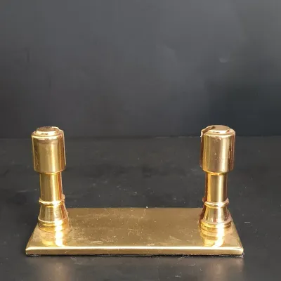 LOT 238: Etched Brass Pot with Brass Bombay Card Holder, EPNS Ware Brass Mini Goblets with Tray & Brass Candlestick Holders