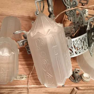 LOT 145: Vintage Art Deco Slip Shade Chandelier Frame & Frosted Glass Shades