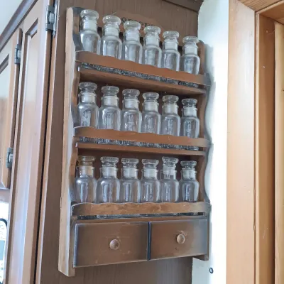LOT 220: Vintage Wood Spice Rack with Japan Made Glass Spice Jars