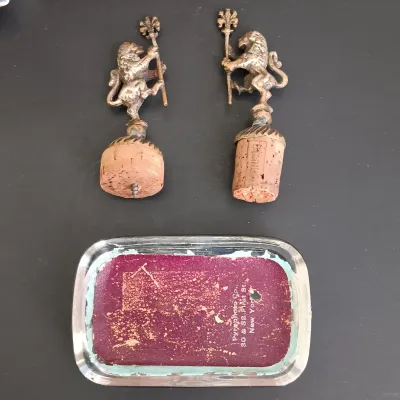 LOT 211: Eclectic Collection of a Belt Buckle, Art Glass, Vintage Paperweight, Wooden Box, Stamps & More