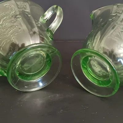 LOT 198: Uranium Glass Cameo Ballerina Pattern Divided Plates, Creamer & Open Sugar Bowl