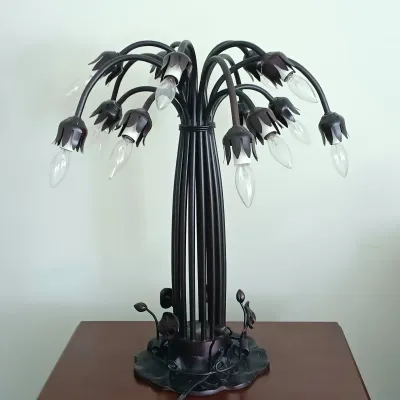 LOT 195: Meyda-Style Lily Pad Lamp with Pink Tulip Shades