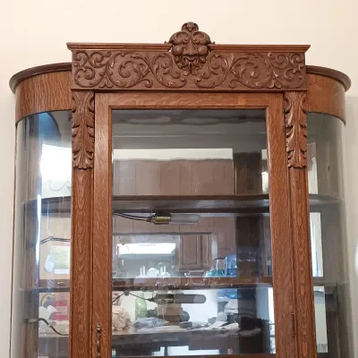 LOT 144: Antique Ornate/Carved Oak Curved Curio Cabinet