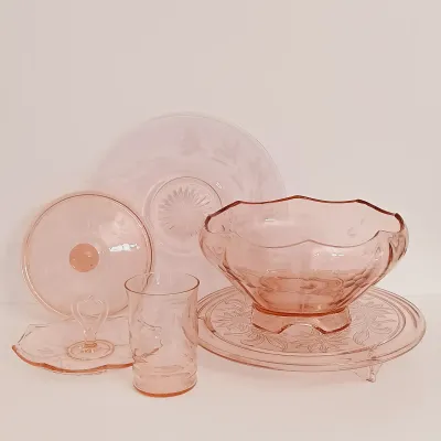 LOT 239: Pink Depression Glass Cake Plate, Bowl, Dish Lid & More