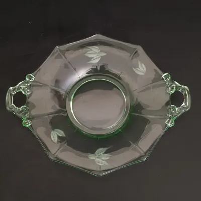 LOT 272: Uranium Glass Sherbert Cups, Candlestick Holders & Etched Dish