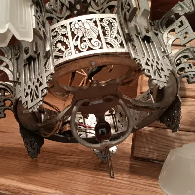 LOT 145: Vintage Art Deco Slip Shade Chandelier Frame & Frosted Glass Shades