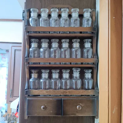 LOT 220: Vintage Wood Spice Rack with Japan Made Glass Spice Jars