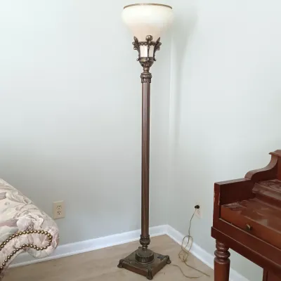 LOT 191: Vintage Metal Torchiere with Glass Shade