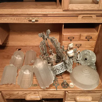 LOT 145: Vintage Art Deco Slip Shade Chandelier Frame & Frosted Glass Shades