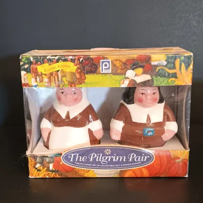 LOT 212: Thanksgiving Must Have Including Ceramic Turkey Platter and Corn Shaped Napkin Holder, Pilgram Salt & Pepper Shakers NOS and...
