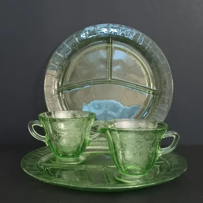 LOT 198: Uranium Glass Cameo Ballerina Pattern Divided Plates, Creamer & Open Sugar Bowl
