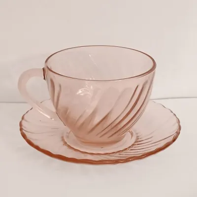 LOT 214: Pink Depression Glass Plates, Cups, Bowls and More
