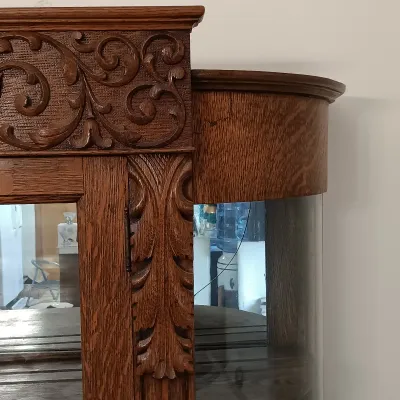 LOT 144: Antique Ornate/Carved Oak Curved Curio Cabinet