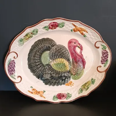 LOT 212: Thanksgiving Must Have Including Ceramic Turkey Platter and Corn Shaped Napkin Holder, Pilgram Salt & Pepper Shakers NOS and...